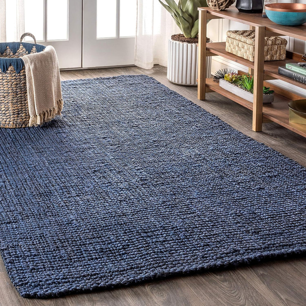 Pata Hand Woven Chunky Jute Navy Area Rug, 9x12, Bohemian, Rustic, Cottage, Easy-Cleaning
