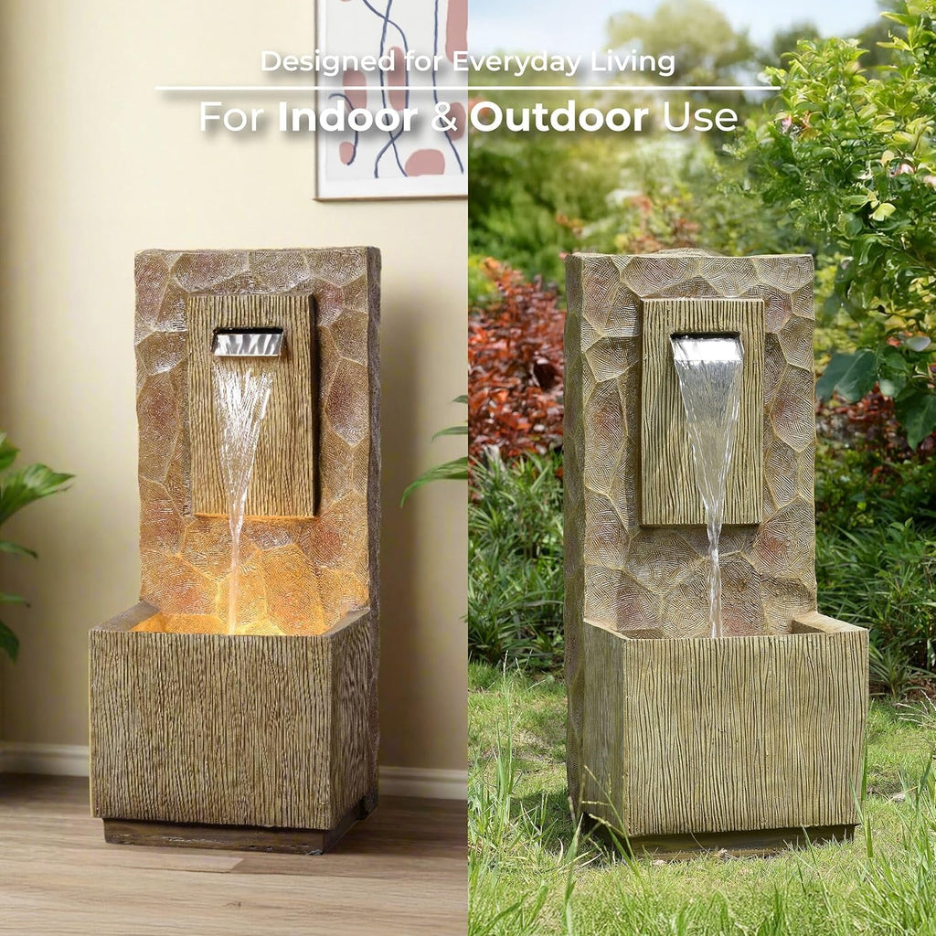 Spa Waterfall Outdoor Water Fountain - LED Light with Adjustable Flow & Electric Pump, Brown