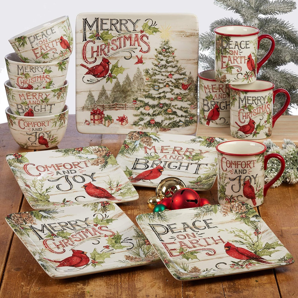 Evergreen Christmas 16x12 Rectangular Serving Platter with Santa & Tree Design - Festive Holiday Ceramic Tray