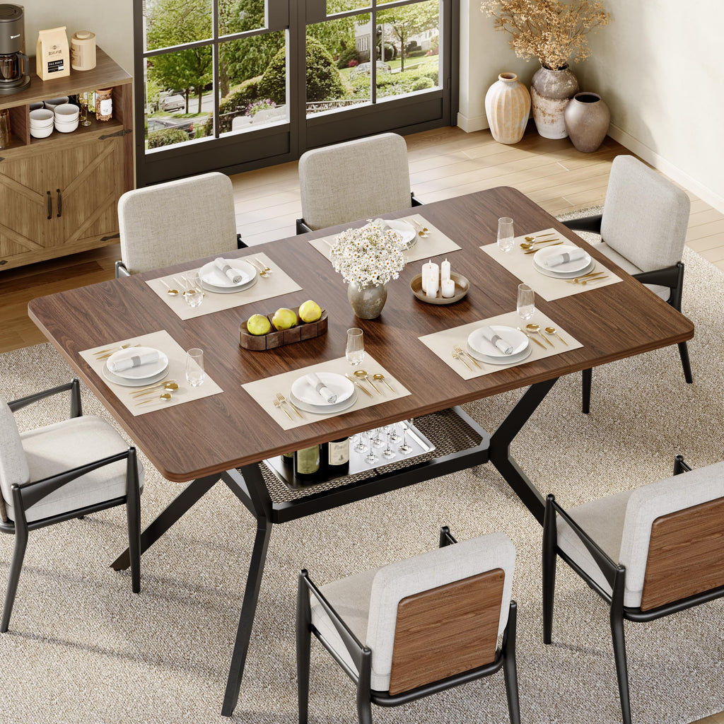 55 inch Dining Table for 4-6, Rectangle Kitchen Table with Storage Shelf, Space Saving Modern Farmhouse Design with