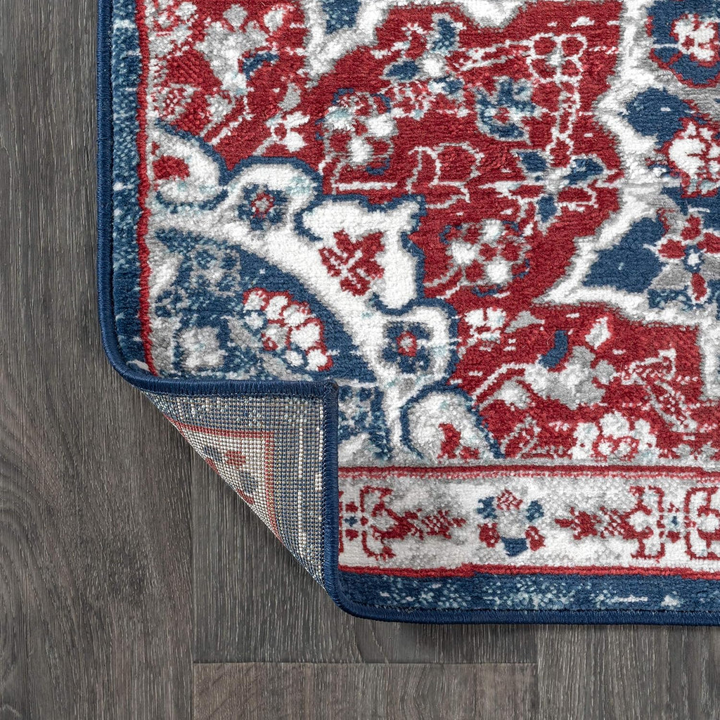 Modern Vintage Moroccan Medallion Navy/Red Indoor Area Rug, Country, Floral, Easy-Cleaning, Pet Friendly