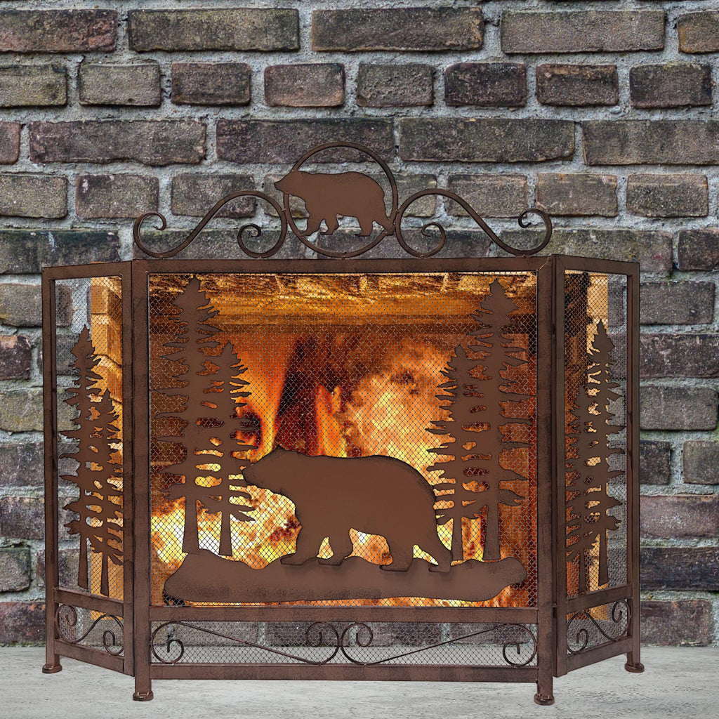 Bear in Forest Metal Fireplace Screen Lodge Cabin