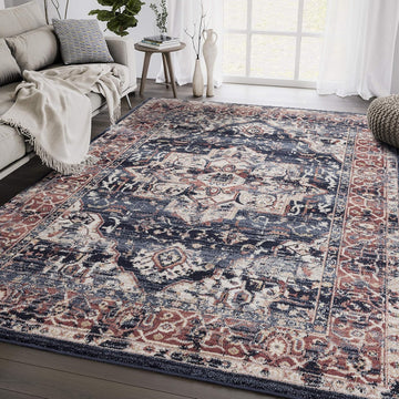 Navy & Beige Vintage Area Rug, Babylon Collection - Turkish Oriental Medallion Distressed Accent Rug Rugs
