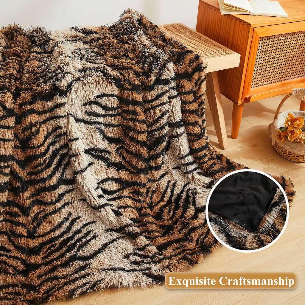 Luxury Faux Fur Tiger Print Throw Blanket, Tiger Brown, 50"x60"