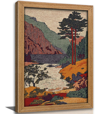 Framed Vintage Japanese Landscape Canvas Wall Art, Woodblock Style Mountain River Print, Retro Nature Scenery
