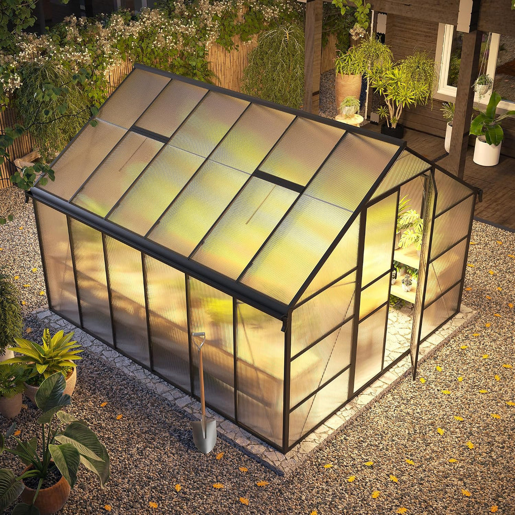 12 x 10 ft Greenhouse for Outdoors, Polycarbonate Greenhouse with Roof Vent, Enhanced Aluminum Large Walk-in Green