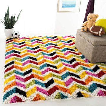 Kids Shag Collection Area Rug - 6'7" Square, Ivory & Multi, Rainbow Chevron Design, Non-Shedding & Easy Care, 2-inch