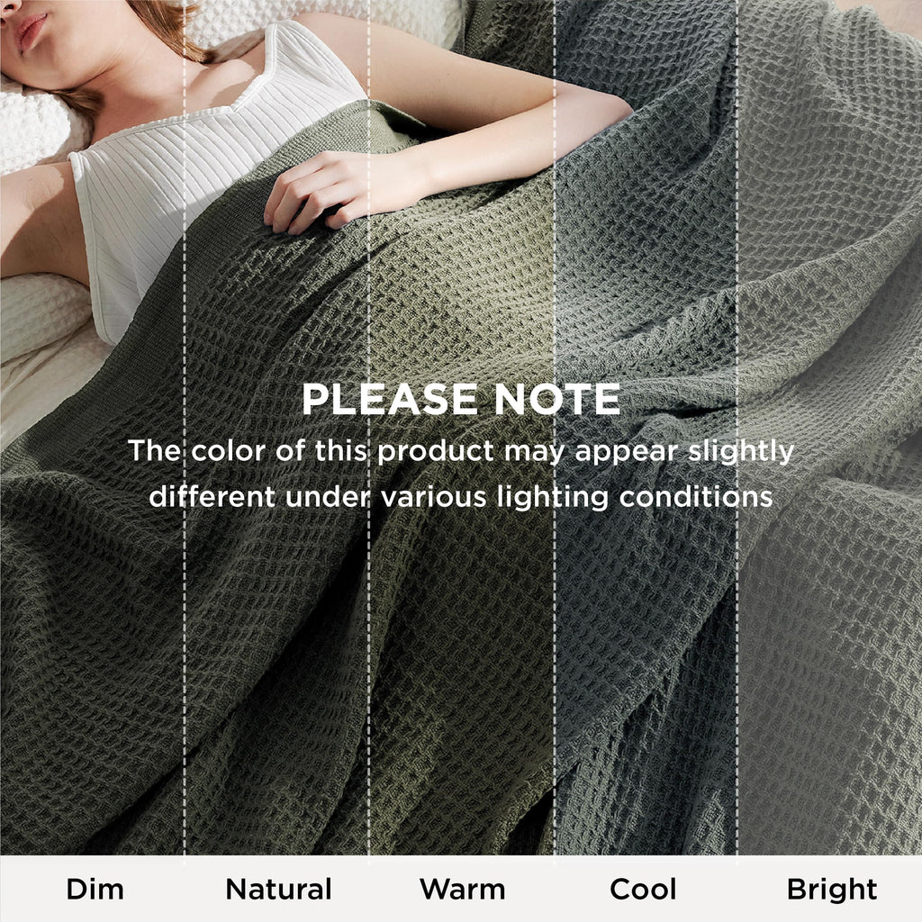 100% Cotton Blanket, Waffle Weave, Queen Size, Olive Green, 90"x90"