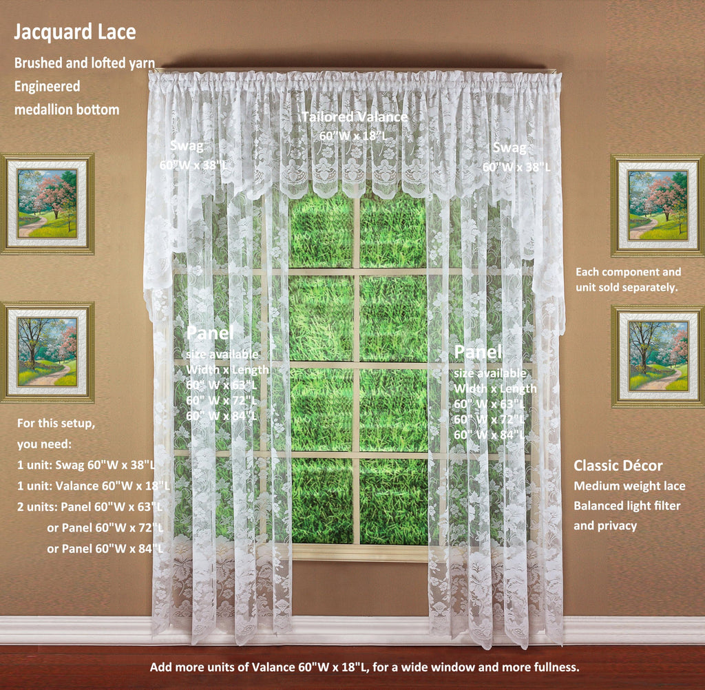 Floral Vine Lace Tailored Valance 18", White, 60W x 18L
