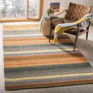Area Rug 8x10 - Striped Kilim Collection - Large - Gold & Grey, Handmade Flat Weave Cotton, Ideal, Dining Space