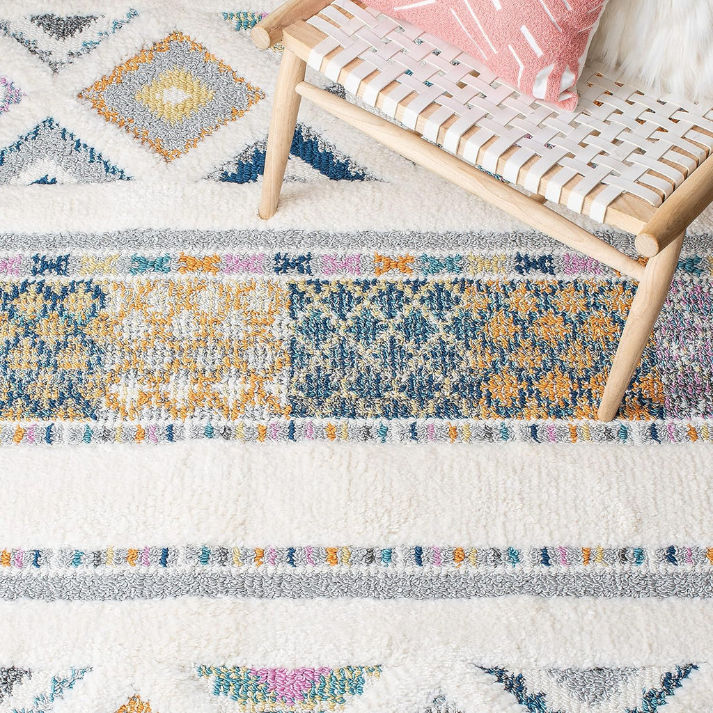 Moroccan Fringe Shag Collection Runner Rug - 2'2" x 8', Ivory & Navy, Boho Design, Non-Shedding & Easy Care, 1.2-inch