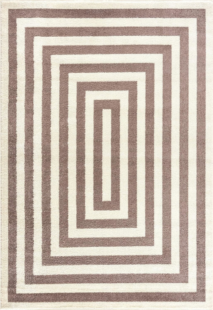 Contemporary Beige & Ivory Area Rug, Contrasting Geometric Modern Stripe Symmetrical Living Room