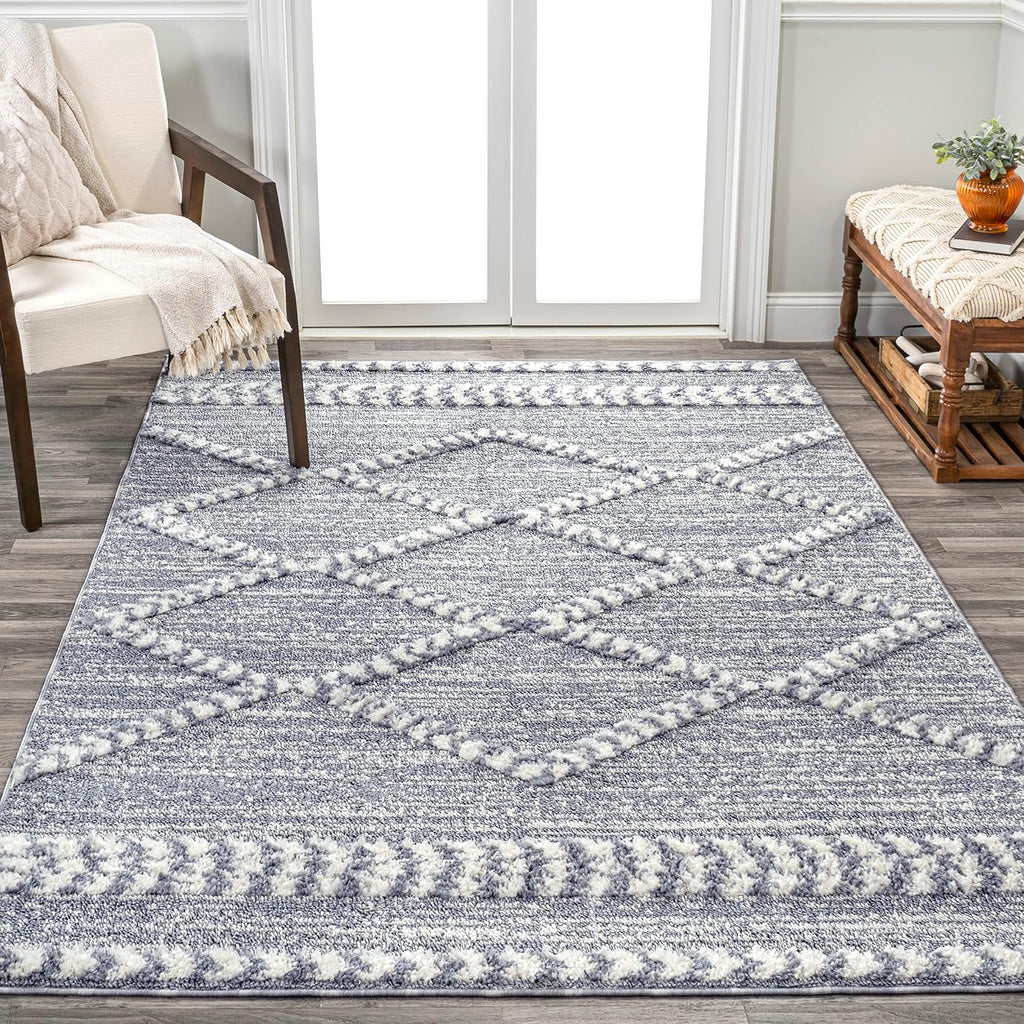 Trellis High-Low Gray/Cream Indoor Area Rug, Sofie Moroccan, Easy-Cleaning, High Traffic, Pet-Friendly