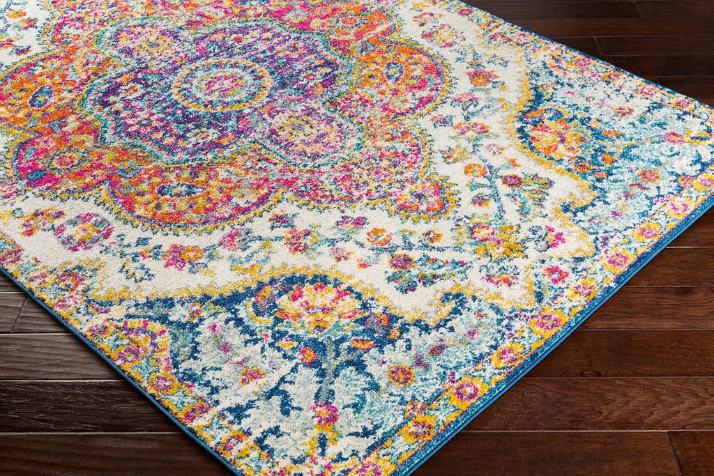 Area Rugs - 8ft Round Romaine Vintage Boho Fuchsia Mustard Blue Round Area Rug