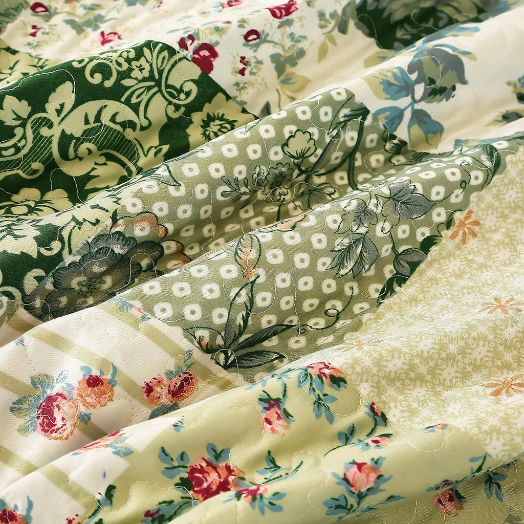 Summer Floral Queen Quilted Bedspread,Romantic Green Quilt Set,Reversible Stitched Bedding Cover All Season,Soft