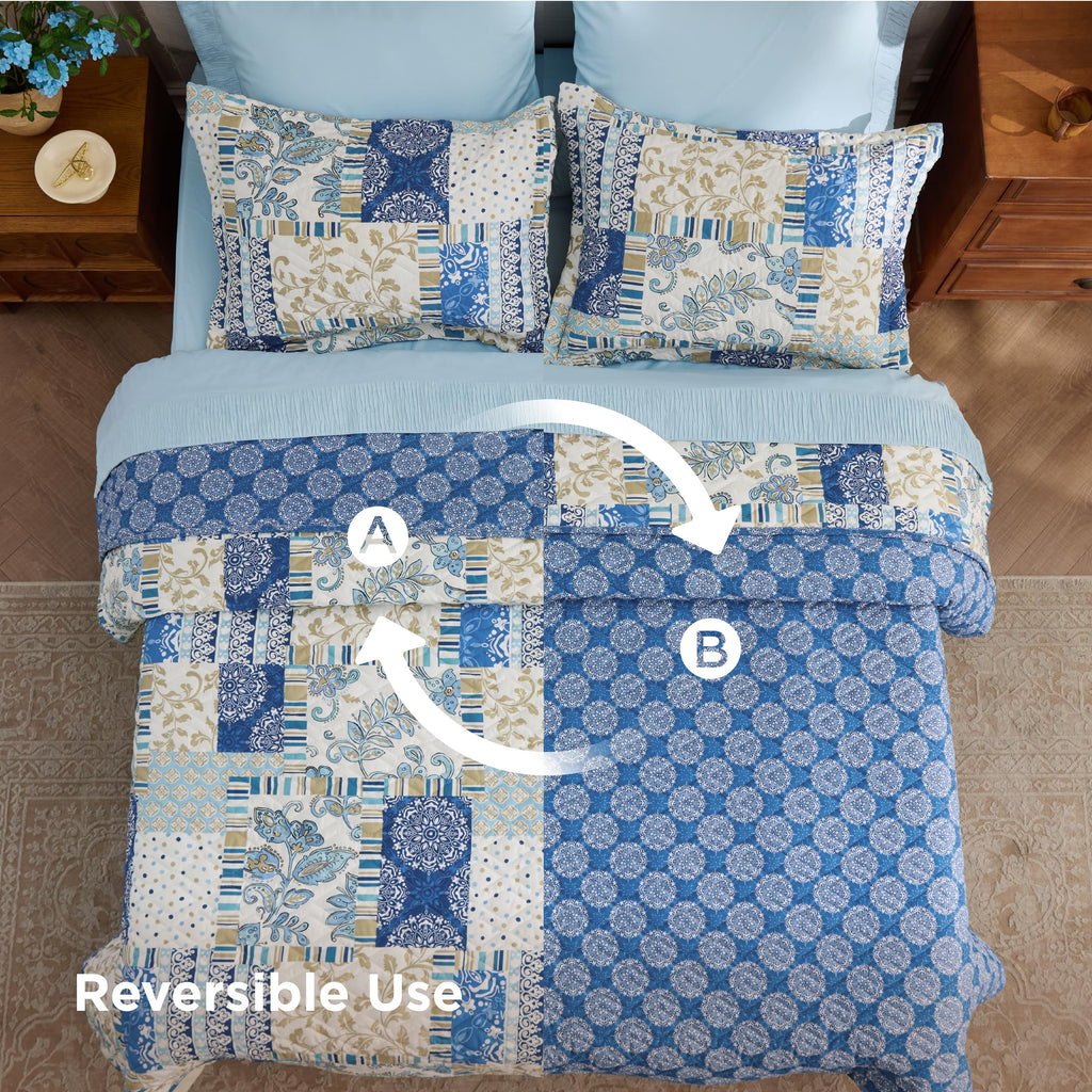 Patchwork Quilt, Reversible Boho Comforter Bedding, Blue