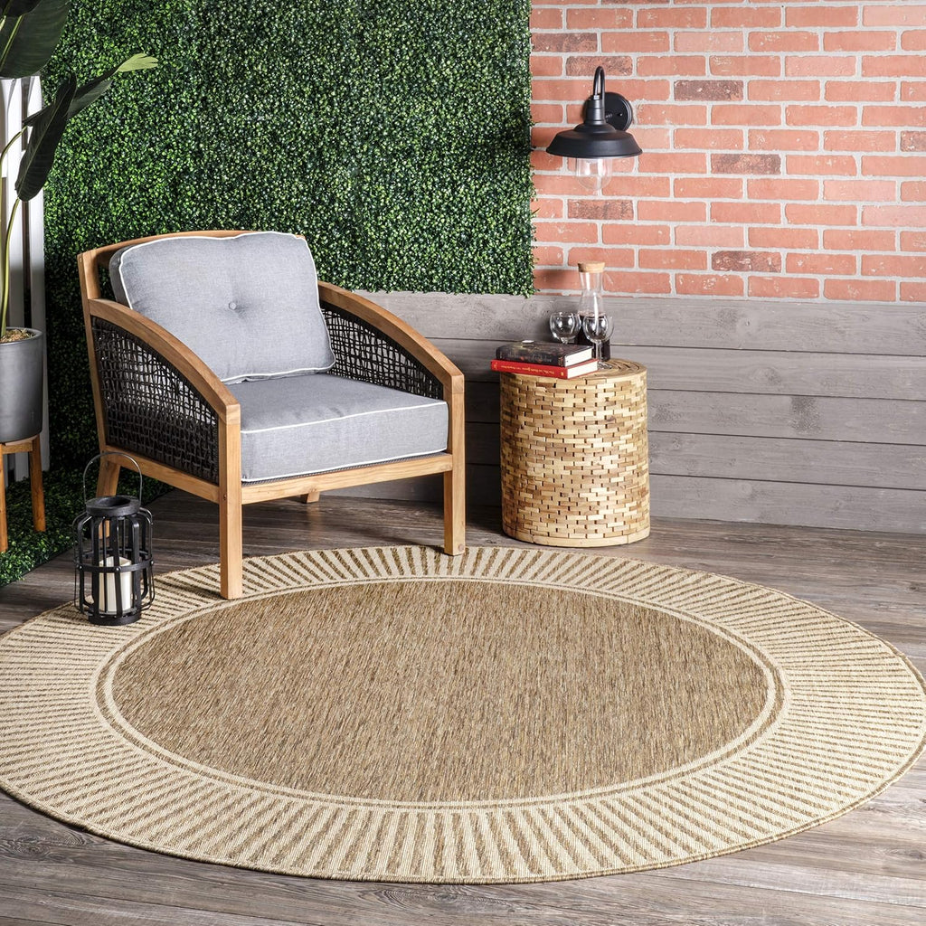 Asha Light Brown Bordered Indoor/Outdoor Area Rug, 5' x 8'