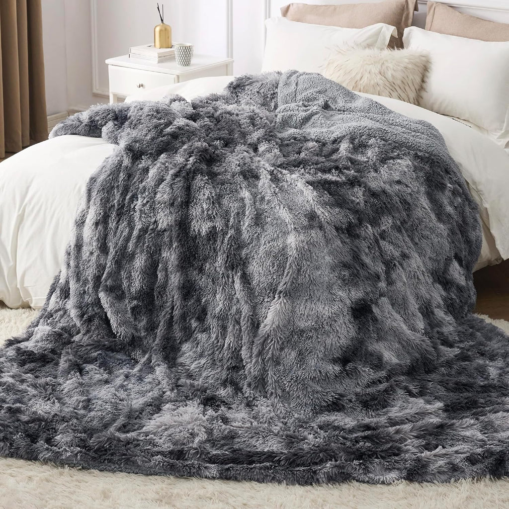 Faux Fur Fluffy Sherpa Fleece King Bed Blanket Grey 108"x90" | Fuzzy Plush, Thick Warm, Fall, Comfort Cozy Soft Home