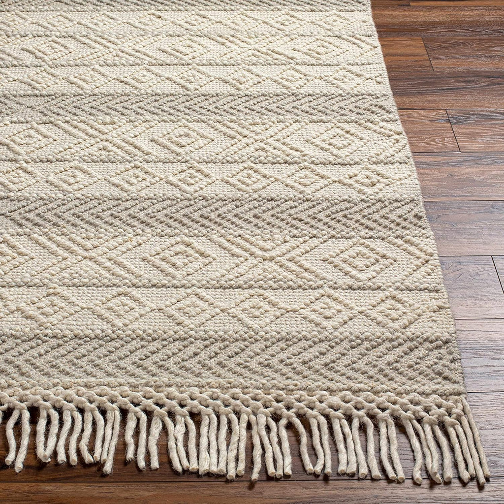 Ummi Wool Living Room, Bedroom Area Rug - Geometric Striped Diamond Border - Traditional Transitional Scandinavian