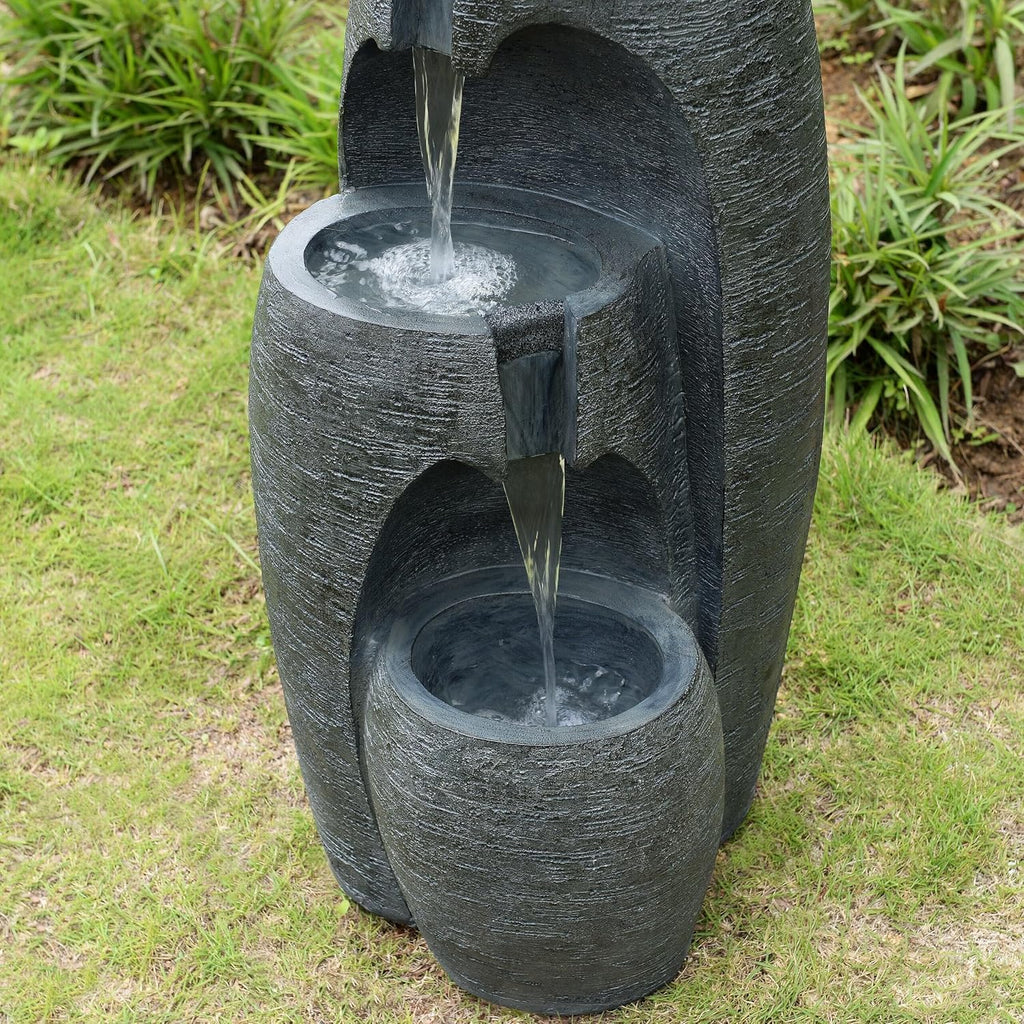 3-Tier Cascading Urn Outdoor Water Fountain - Cool Glow Lighting with Adjustable Flow & Electric Pump, Black