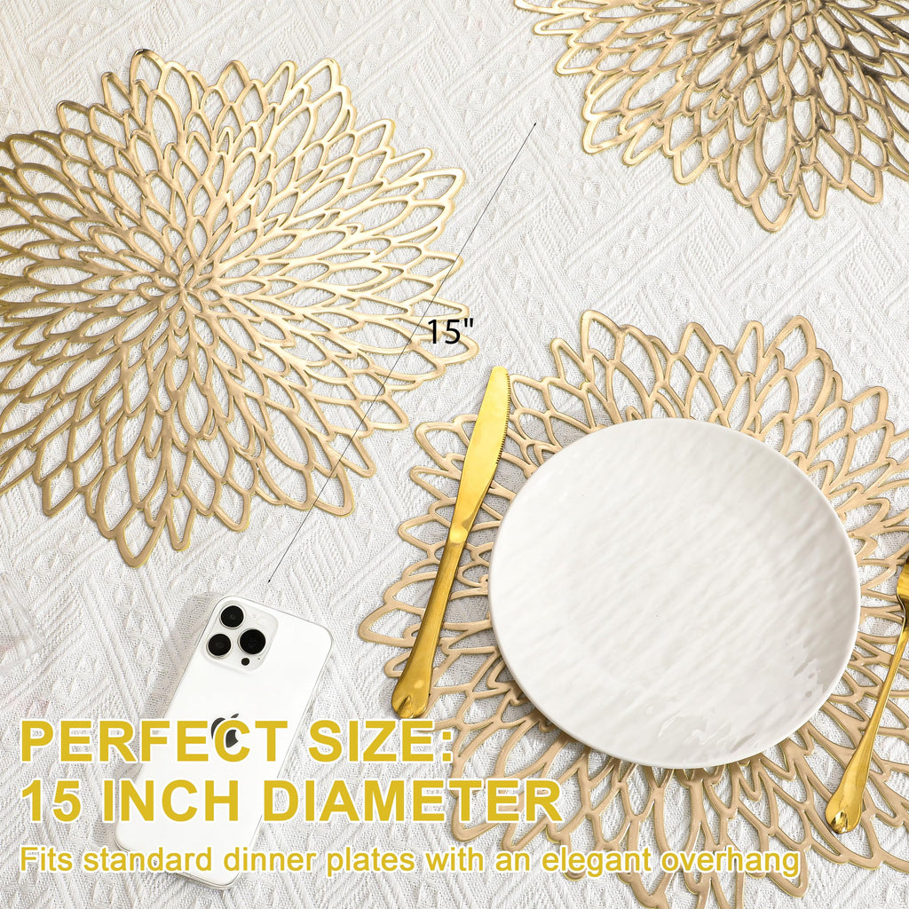 Set of 4 Round Placemats Gold, Heat-Resistant PVC Table Mats with Luxury Metallic Glossy Finish for Thanksgiving