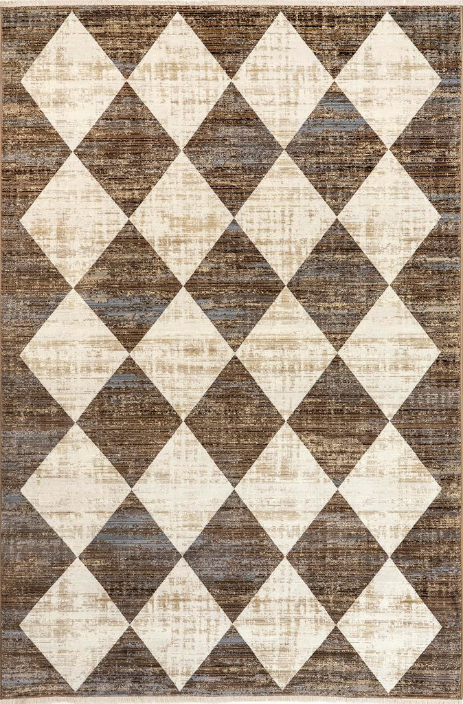 Fringed Performance Meline Beige/Blue/Ivory, Checkered, Soft and Cozy, High Traffic, Stain Resistant