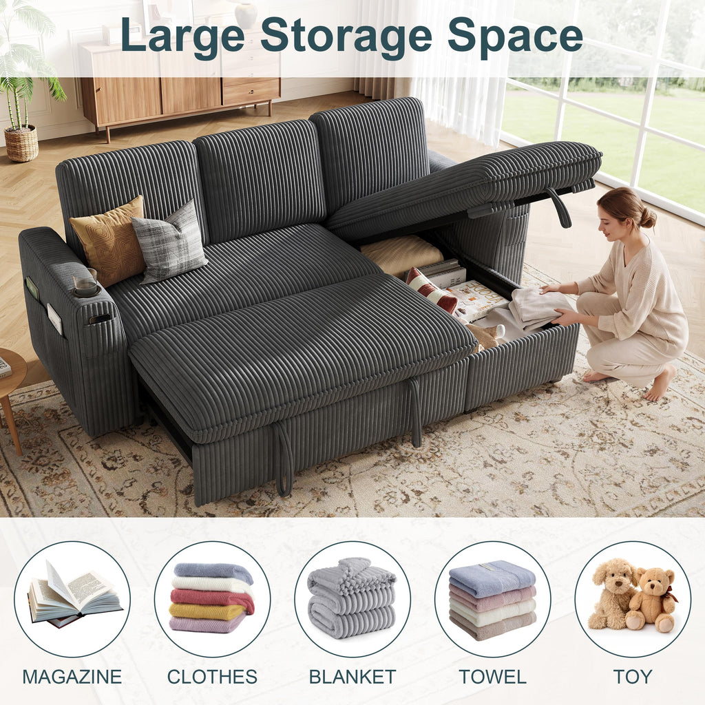 Sectional Sleeper Sofa with Pull Out Bed, Plush Corduroy Sectional Sofa with Storage Chaise and Adjustable Backrest