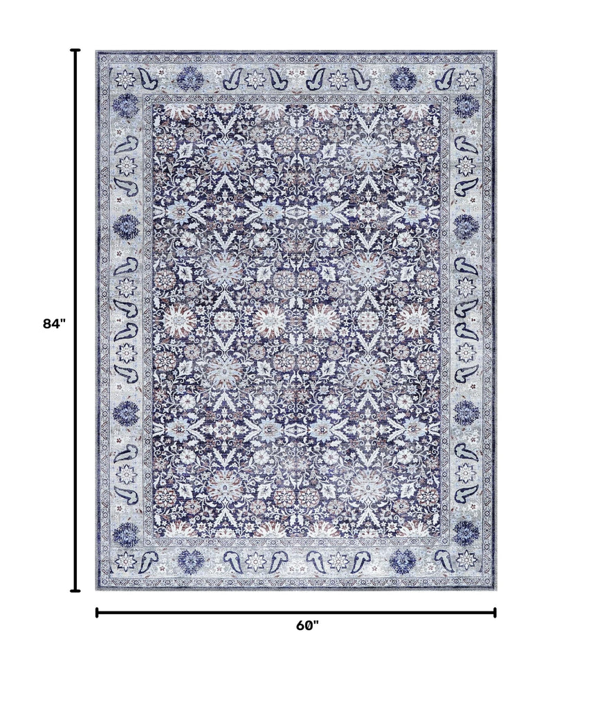 Machine Washable Area Rug Blue Thin Distressed Vintage Oriental Traditional Durable Easy to Clean Carpet Bedroom