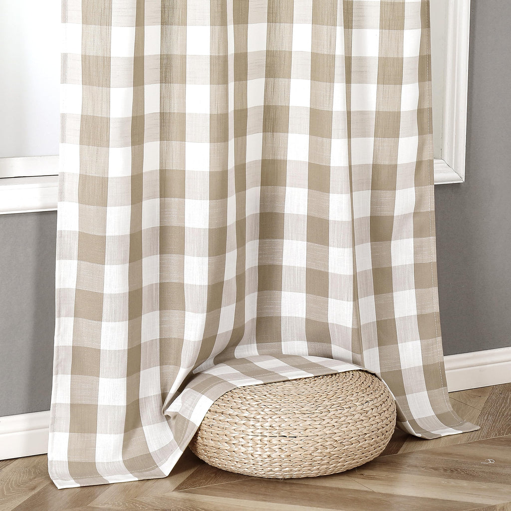 Beige Buffalo Plaid Semi Sheer Grommet Curtains 84 Inch Length
