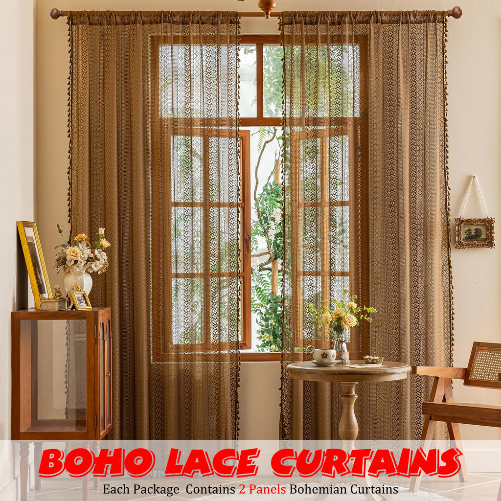 Boho Lace Sheer Curtains 2 Panel Sets Home Office, Semi Sheer Curtains Privacy Country Vintage Tassels Bohemian Style