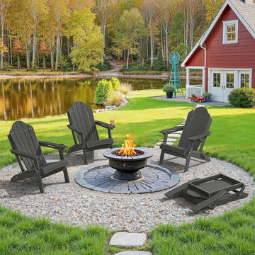 HDPE Folding Adirondack Chair, Cup Holder, Set of 2, Black | HDPE poly lumber, folable, all-weather resistant, Low