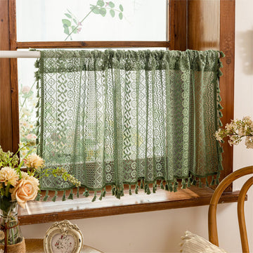 Olive Green Boho Window Curtains Valance 18 inches Long 2 Panels, Farmhouse Lace Sheer Closet Decor Crochet Privacy