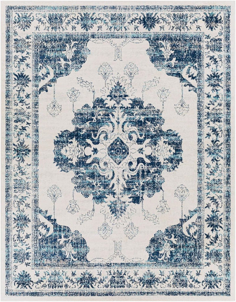 Area Rugs - Delney Vintage Boho Blue Rug Bedroom - Beige Gray Floral Medallion Stain Resistant Carpet (5'3" x