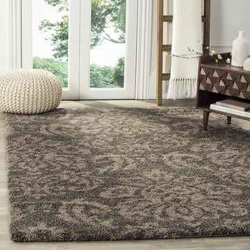 Florida Shag Collection Area Rug - 6'7" Square, Smoke & Beige, Damask Design, Non-Shedding & Easy Care, 1.2-inch
