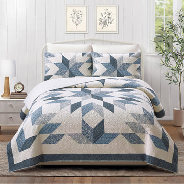 Bright Star Patchwork Quilt Set - 3-Piece Cotton Lone Star Medallion Bedding with 2 Shams, Pre-Washed Blue