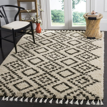 Moroccan Fringe Shag Collection Accent Rug - 4' x 6', Cream & Charcoal, Tribal, Non-Shedding & Easy Care, 2-inch