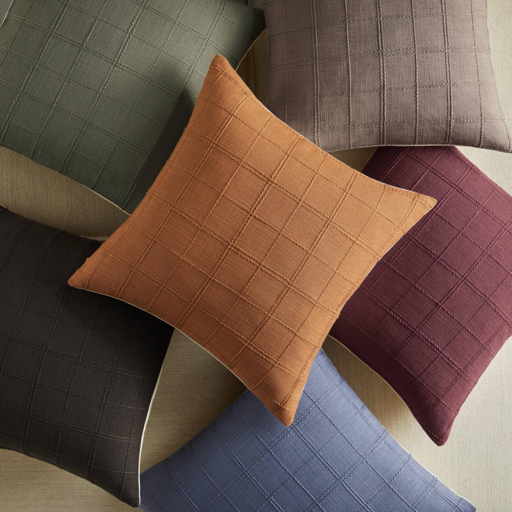 Linen Checked Throw Pillow Covers Set of 2, 24x24 Inch Cocoa Brown/Cream, Farmhouse Decorative Single Sided Grid