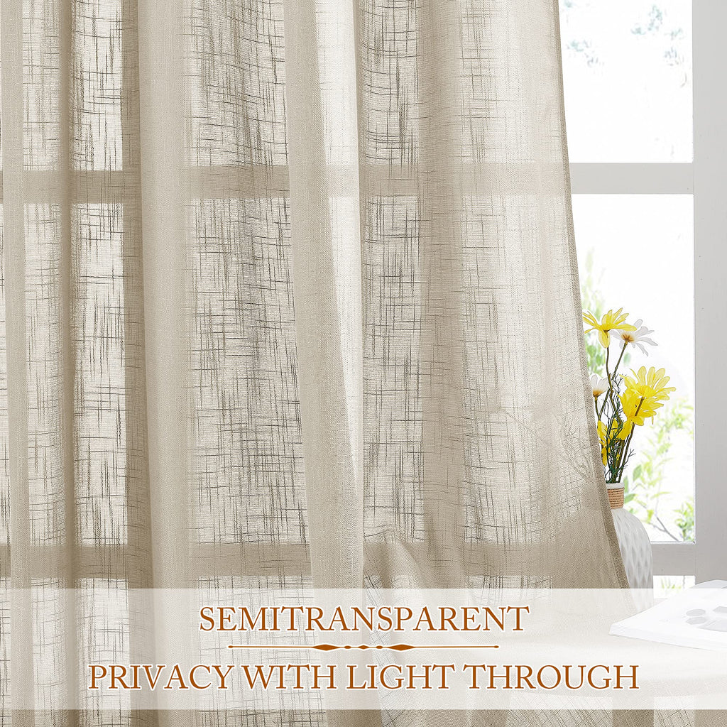 Sheer Curtains 84 inches Long, Linen Textured Rod Pocket & Back Tab Privacy Sheer Drapes with Light Through for