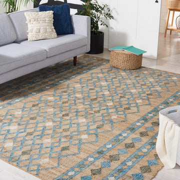 Area Rug - Kilim Collection - Large - Natural & Blue, Flat Weave Jute, Ideal, Dining Space (KLM759M)