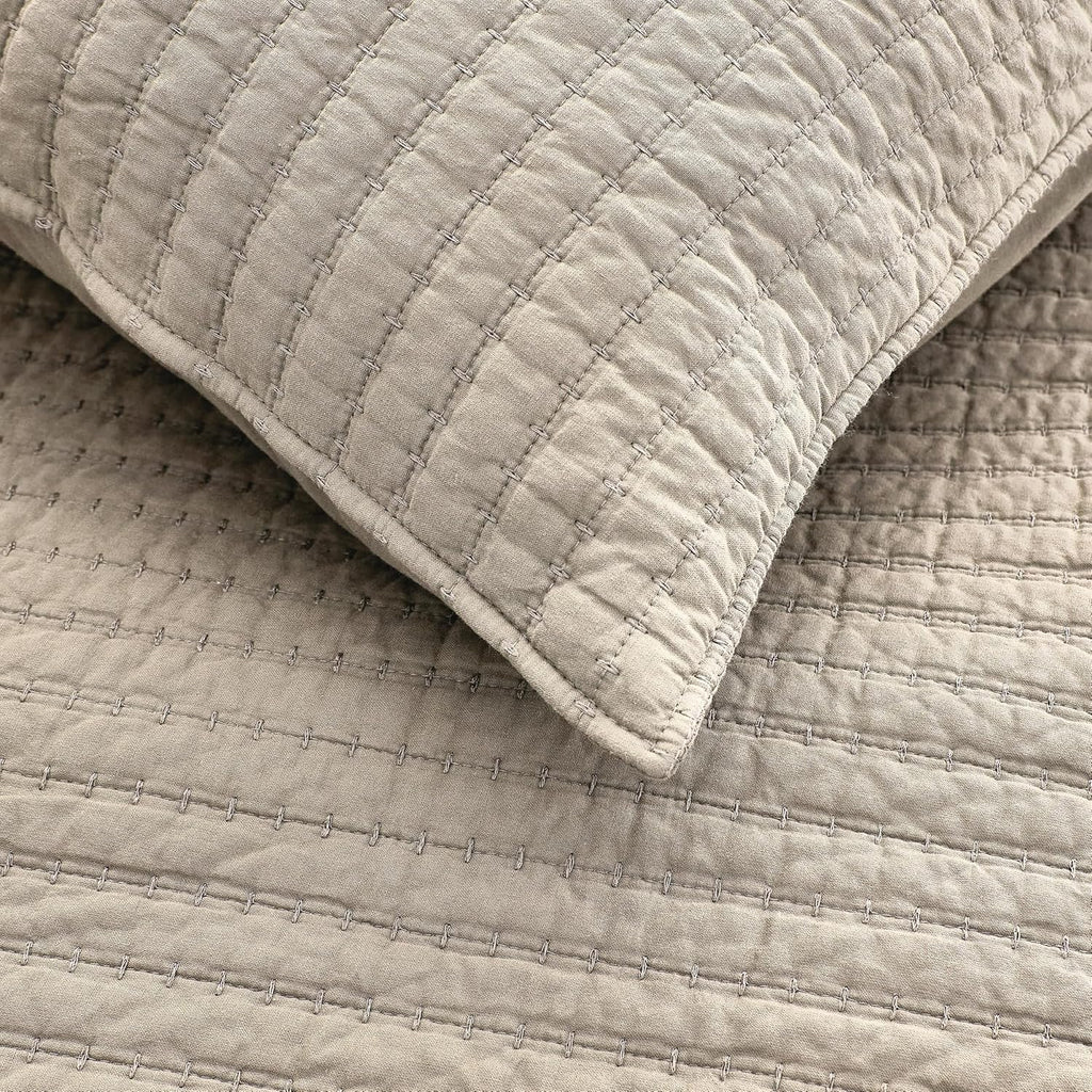 100% Cotton Queen Quilt Set - Beige Neutral Striped Pick Stitch Soft Lightweight Bedspread, Textured Like Linen