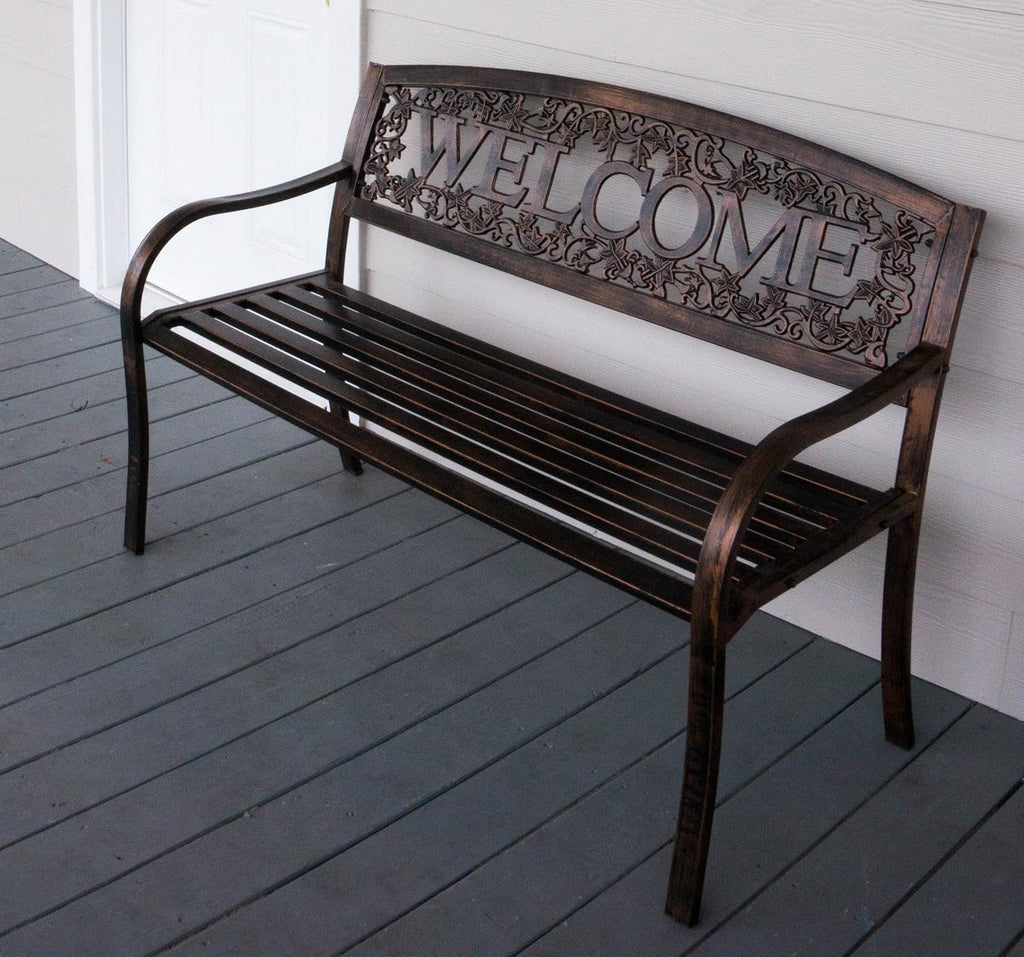 Metal Outdoor Bench, Welcome Design, Decorative Patio Seating for Porch/Deck