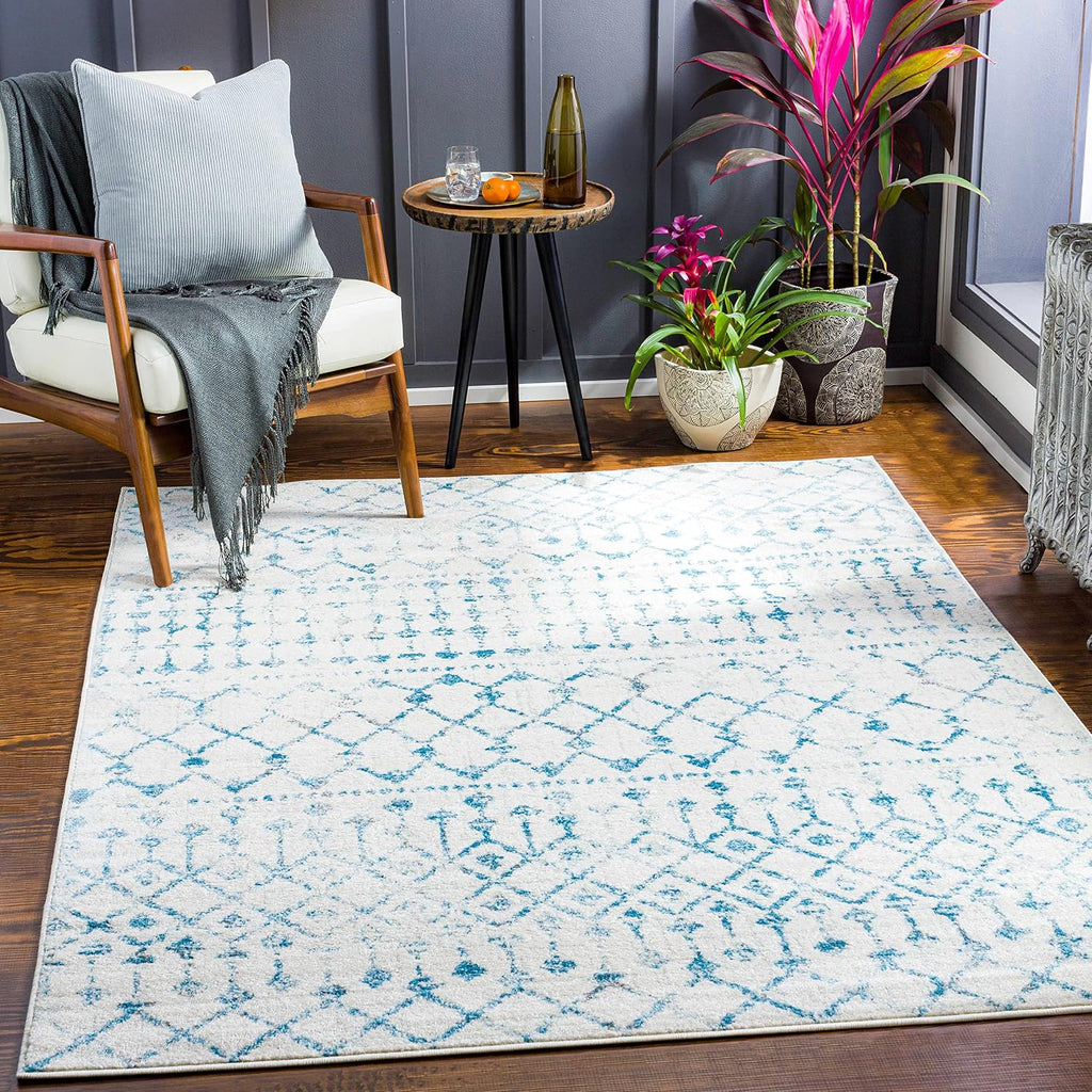 Quincy Living Room, Bedroom Area Rug - Geometric Trellis Diamond Distressed Faded - Bohemian Transitional Tribal