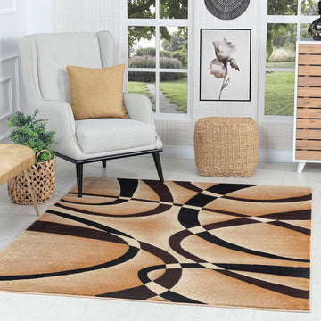 Modern Area Rug 5x7 Beige Swirls Carpet Bedroom Living Room Contemporary Dining Accent Sevilla Collection 4816A (Brown)