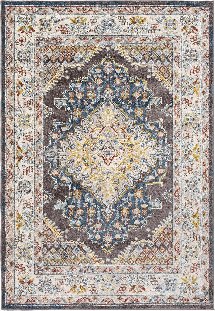 Blue Medallion Traditional Cream Area Rug Taupe Charcoal Gray Navy Haymond Living Room Bedroom Dining Room Home
