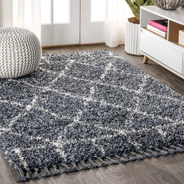 Mercer Shag Plush Tassel Blue/Cream Indoor Area Rug, Moroccan Geometric Trellis, Easy-Cleaning, Pet Friendly