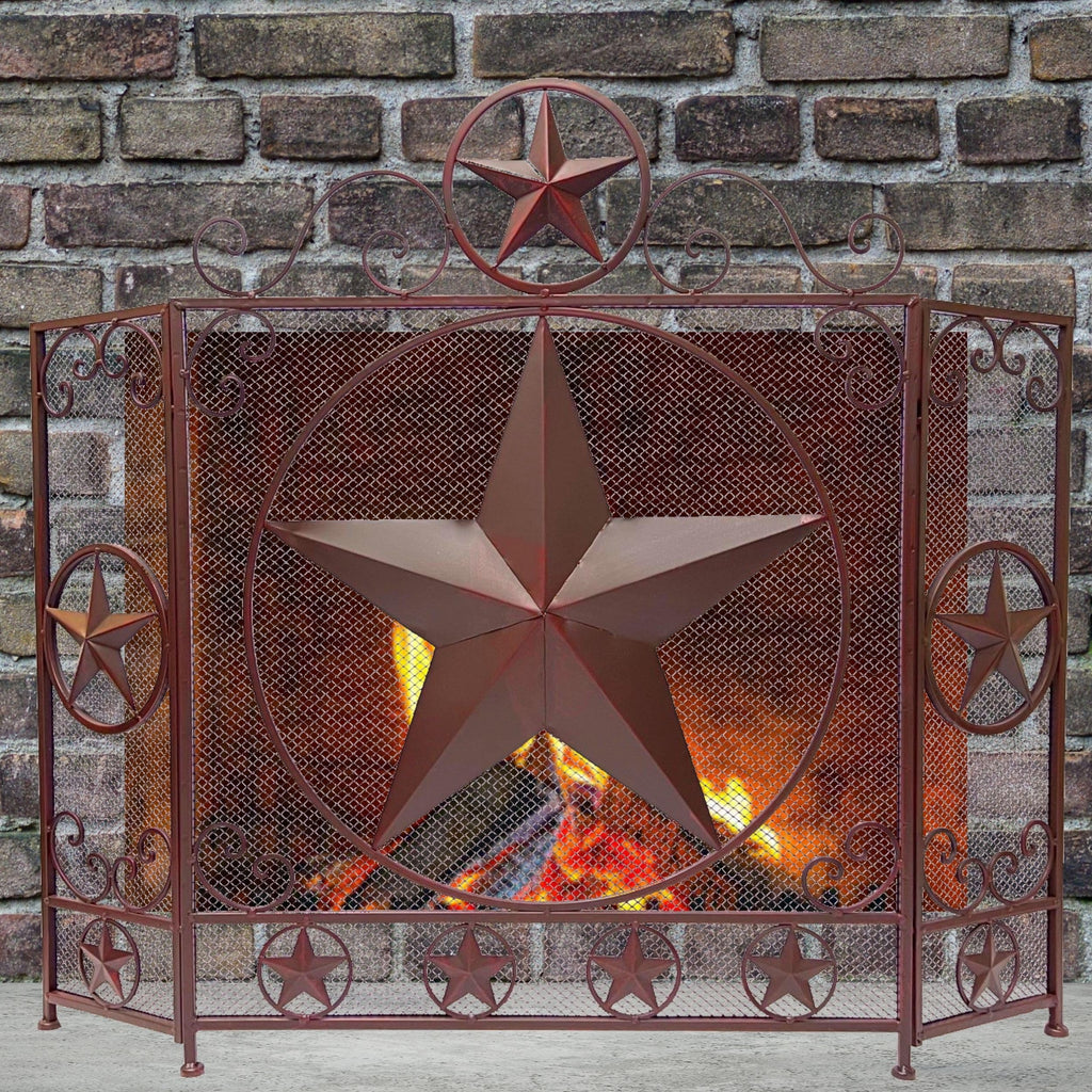 3-Panel Fireplace Screen Decorative - Rustic Brown Star Detail