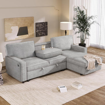 89" Convertible L-Shaped Sleeper Sofa Bed with Storage Chaise, Gray | Modern L-Shaped Sectional Pull Out Couch