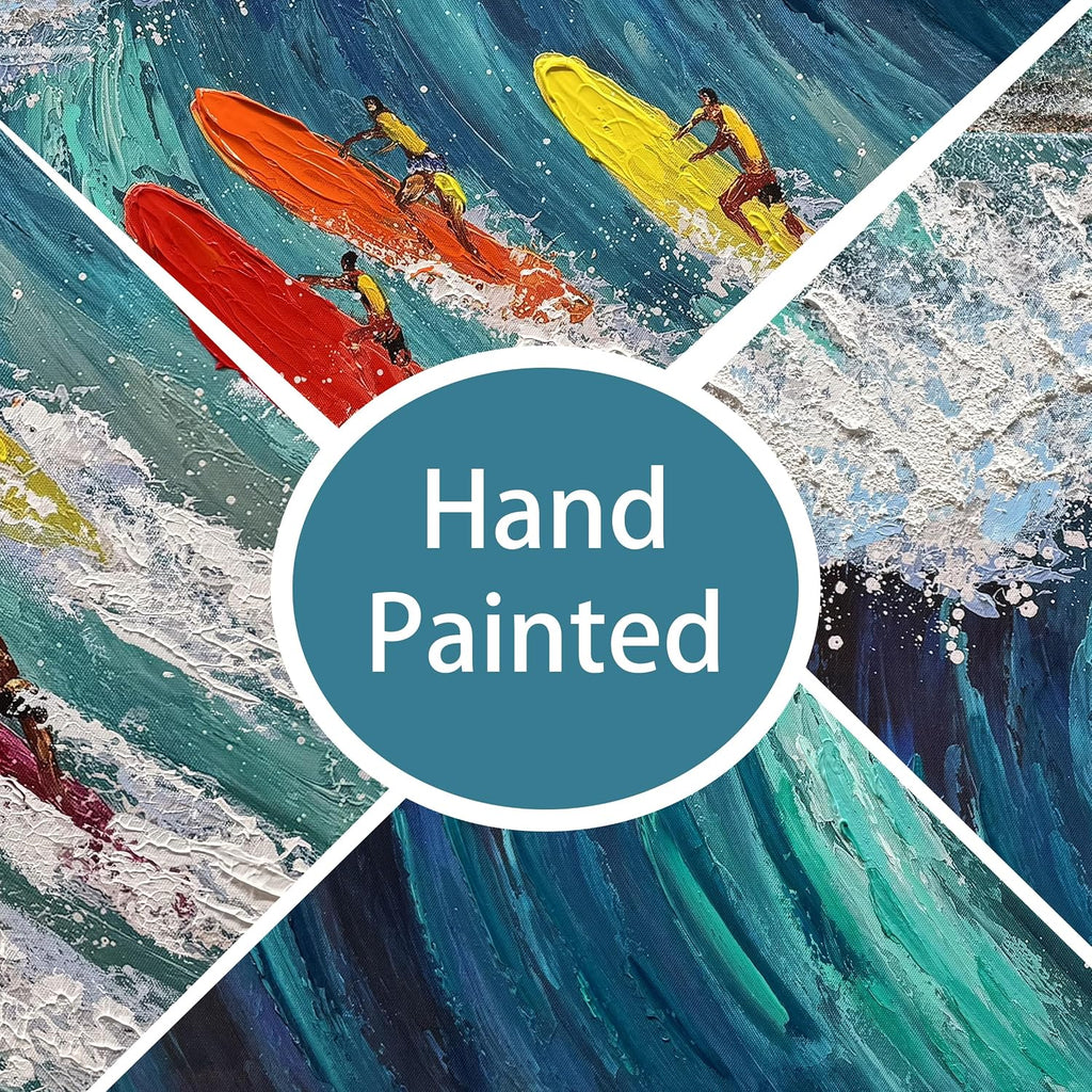 Coastal Canvas Wall Art Large Blue Beach Hand Painted Oil Painting Ocean Wave Wall Art Colorful Surfer Artwork