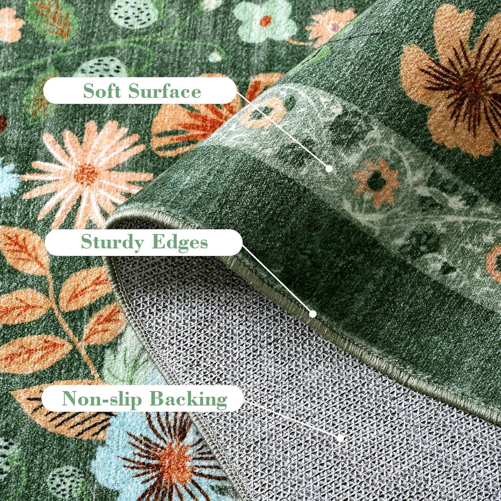2x10 Extra Long Hallway Runner - Green Boho Washable Rug with Non-Slip Backing, Vintage Floral Low P