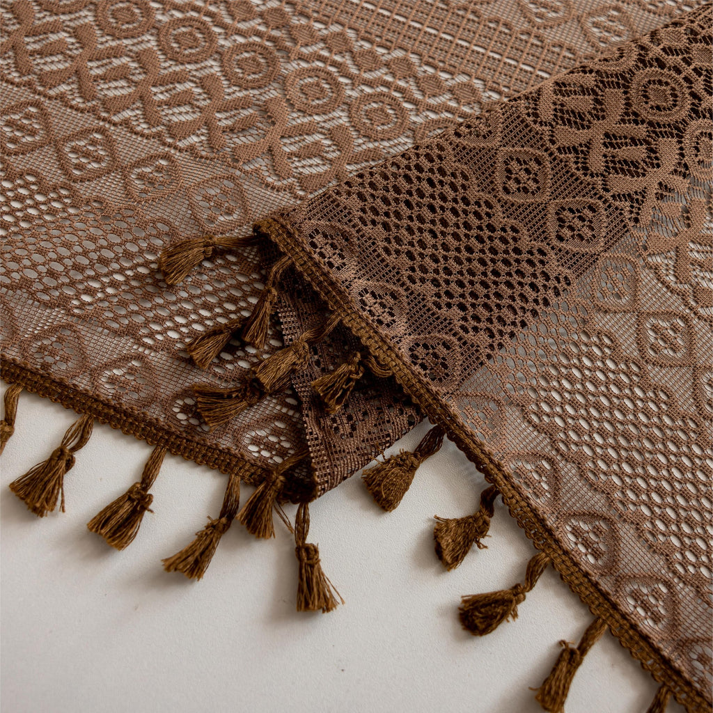 Dark Coffee Lace Boho Curtains Nursery, Crochet Semi Sheer Macrame Bohemian Cottage Farmhouse Fringes Vintage Chic